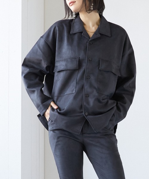 VIBGYOR（ヴィブジョー）の「VIBGYOR Select/スエードダンボールBIGオープンカラーJKT(BL)（その他アウター・レディース・ブラック/ブラウン/グレー/スミクロ/ブルー・LARGE/MEDIUM）」の3枚目の写真