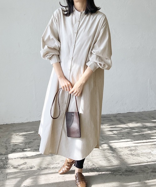 LIAN（リアン）の「ストライプバンドカラーシャツワンピース（シャツワンピース・レディース・ベージュ/ブルー/ネイビー/オレンジ・FREE）」の2枚目の写真