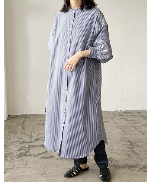LIAN（リアン）の「ストライプバンドカラーシャツワンピース（シャツワンピース・レディース・ベージュ/ブルー/ネイビー/オレンジ・FREE）」の3枚目の写真