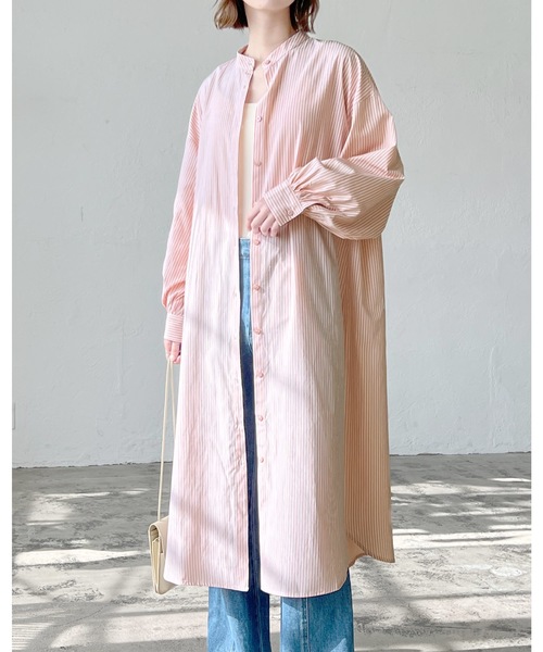 LIAN（リアン）の「ストライプバンドカラーシャツワンピース（シャツワンピース・レディース・ベージュ/ブルー/ネイビー/オレンジ・FREE）」の4枚目の写真