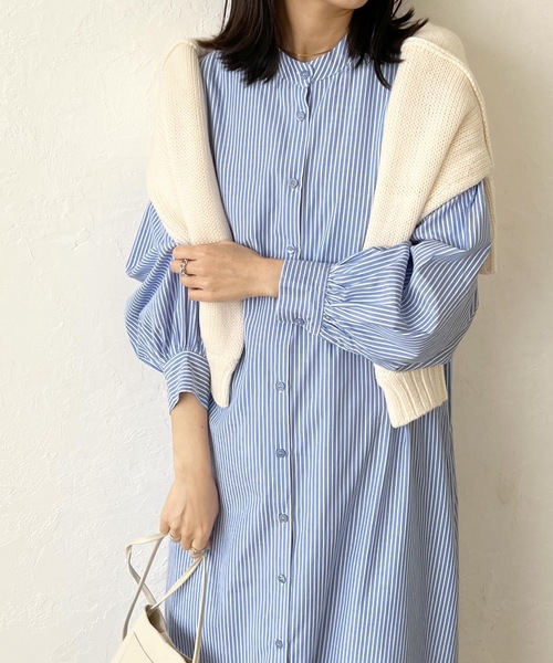 LIAN（リアン）の「ストライプバンドカラーシャツワンピース（シャツワンピース・レディース・ベージュ/ブルー/ネイビー/オレンジ・FREE）」の15枚目の写真