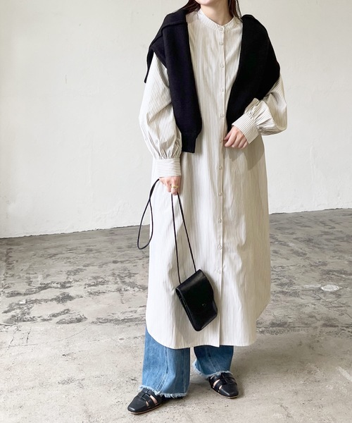 LIAN（リアン）の「ストライプバンドカラーシャツワンピース（シャツワンピース・レディース・ベージュ/ブルー/ネイビー/オレンジ・FREE）」の12枚目の写真