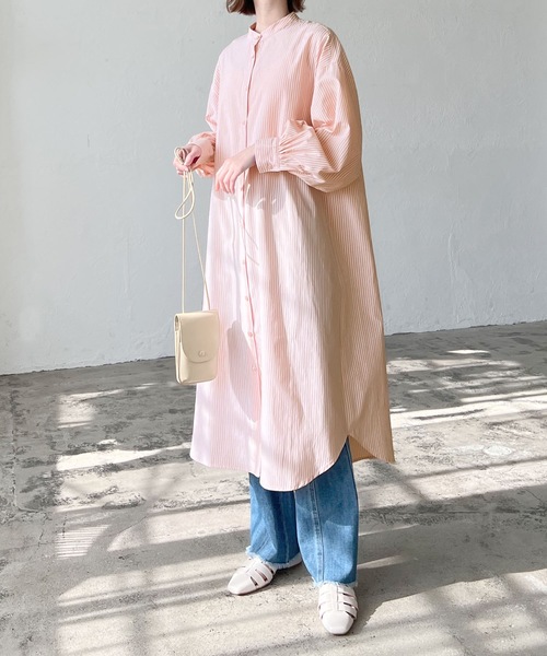 LIAN（リアン）の「ストライプバンドカラーシャツワンピース（シャツワンピース・レディース・ベージュ/ブルー/ネイビー/オレンジ・FREE）」の7枚目の写真