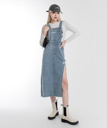 サスペンダーサイドスリットオーバーオールワンピース