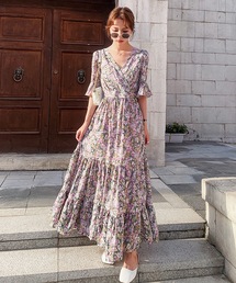 カシュクールティアードプリントワンピース