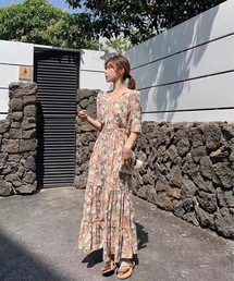 カシュクールティアードプリントワンピース