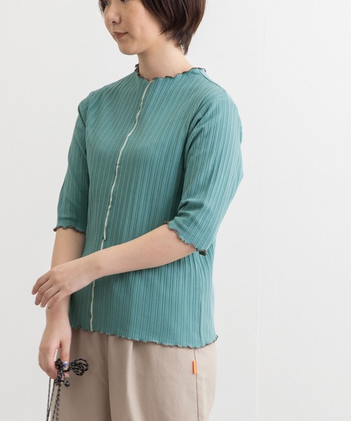 POU DOU DOU（プードゥドゥ）の「変則テレコ配色メローTee（Tシャツ/カットソー・レディース・ブラウン/ターコイズブルー/イエロー/アイボリー/ダークグレー・3）」の4枚目の写真