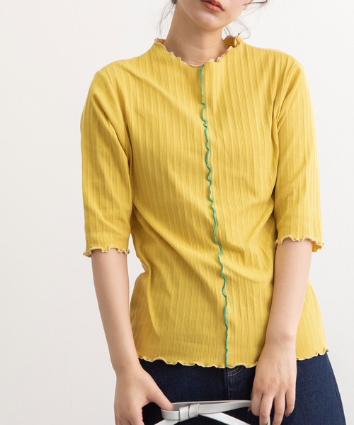 POU DOU DOU（プードゥドゥ）の「変則テレコ配色メローTee（Tシャツ/カットソー・レディース・ブラウン/ターコイズブルー/イエロー/アイボリー/ダークグレー・3）」の5枚目の写真