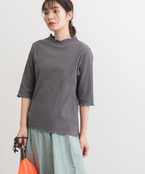 POU DOU DOU（プードゥドゥ）の「変則テレコ配色メローTee（Tシャツ/カットソー・レディース・ブラウン/ターコイズブルー/イエロー/アイボリー/ダークグレー・3）」の6枚目の写真