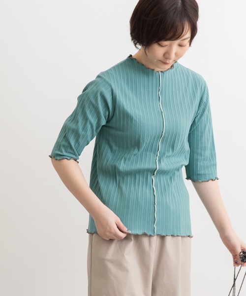 POU DOU DOU（プードゥドゥ）の「変則テレコ配色メローTee（Tシャツ/カットソー・レディース・ブラウン/ターコイズブルー/イエロー/アイボリー/ダークグレー・3）」の14枚目の写真