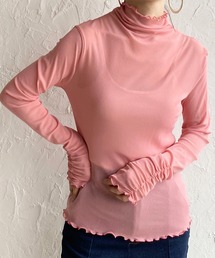 She's Closet（シーズクローゼット）の「袖口シャーリングメロウフリルハイネック長袖シアートップス（Tシャツ/カットソー・レディース・ピンク系）」