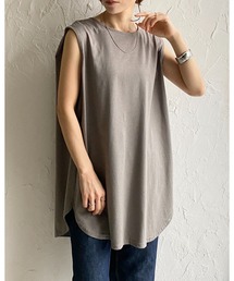 肩タックノースリーブロング丈Tシャツチュニック