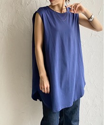 肩タックノースリーブロング丈Tシャツチュニック