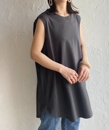 肩タックノースリーブロング丈Tシャツチュニック