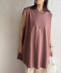 肩タックノースリーブロング丈Tシャツチュニック