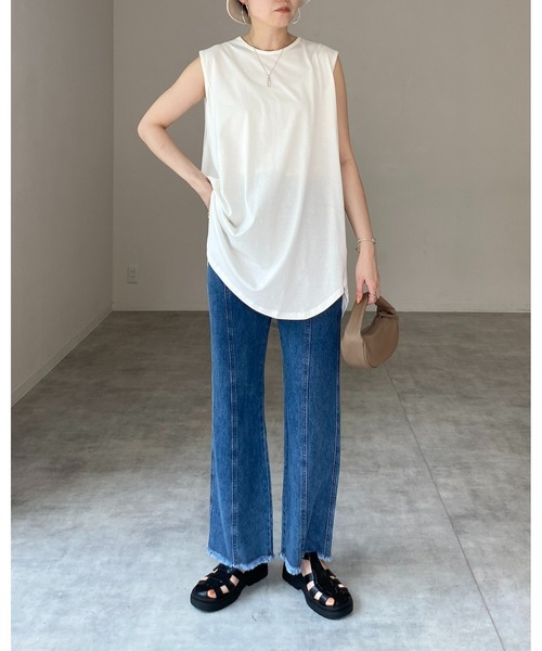 セール】肩タックノースリーブロング丈Tシャツチュニック（T