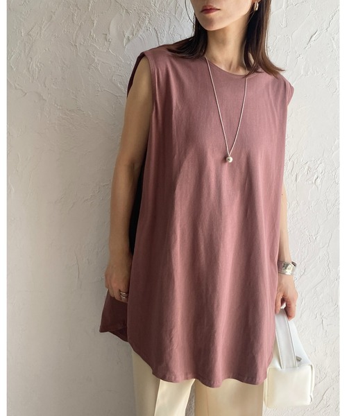 tシャツ サイドギャザー肩タックノースリーブカットソー-手洗い可- レディース セール】肩タックノースリーブカットソー-手洗い可-（Tシャツ