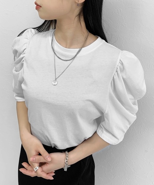 LVEU.（ラブユ.）の「Short sleeve puff T-shirt / ショートスリーブパフTシャツ（Tシャツ/カットソー・レディース・ホワイト/ブラック・FREE）」の4枚目の写真