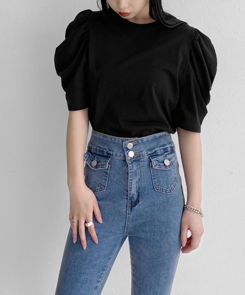 LVEU.（ラブユ.）の「Short sleeve puff T-shirt / ショートスリーブパフTシャツ（Tシャツ/カットソー・レディース・ホワイト/ブラック・FREE）」の9枚目の写真