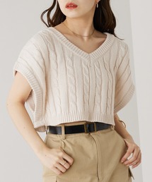 ケーブルニットベスト+ショート丈シャツ SET