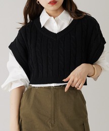 ケーブルニットベスト+ショート丈シャツ SET