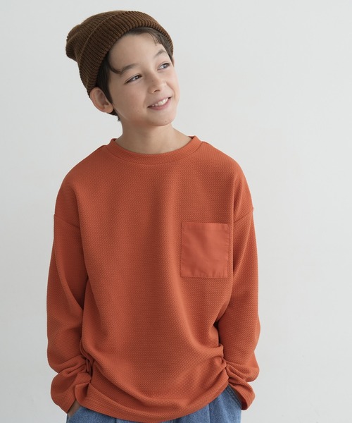 セール】キッズ 別布胸ポケット付きエンボス長袖Tee（Tシャツ