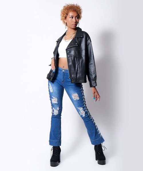 babyShoop（ベイビーシュープ）の「フェイクレザーライダースジャケット（ライダースジャケット・レディース・ブラック/ホワイト・FREE）」の9枚目の写真