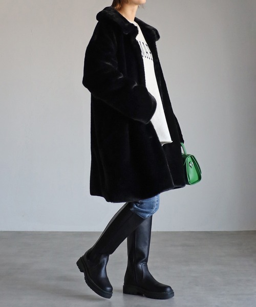 Yucca(ユッカ)の「エコファーステンカラーコート(ステンカラーコート・レディース・ブラック/クリーム・MEDIUM/LARGE)」の16枚目の写真