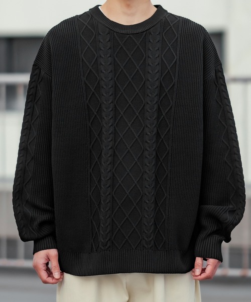 improves（インプローブス）の「【improves】オーバーサイズ ケーブル編み フィッシャーマンズニット（ニット/セーター・メンズ・グレイッシュブルー/マスタード/ブラック/ホワイト/グリーン・MEDIUM/LARGE）」の9枚目の写真