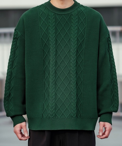 improves（インプローブス）の「【improves】オーバーサイズ ケーブル編み フィッシャーマンズニット（ニット/セーター・メンズ・グレイッシュブルー/マスタード/ブラック/ホワイト/グリーン・MEDIUM/LARGE）」の12枚目の写真