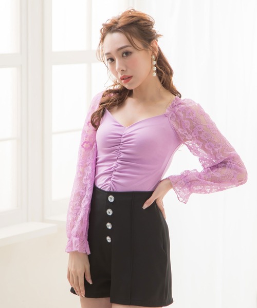 Diable baiser(ディアブルベーゼ)の「レースパフ袖カットソートップス(Tシャツ/カットソー・レディース・ブラック/ラベンダー/レッド・MEDIUM/LARGE)」の2枚目の写真