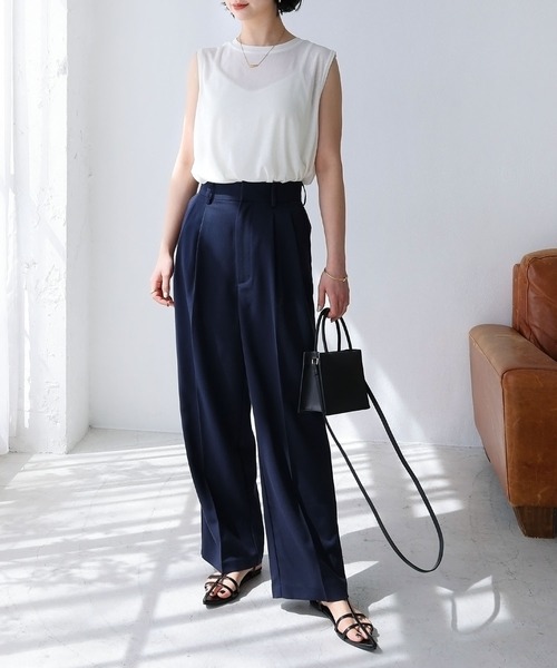 andme（アンドミー）の「ツイルハイウエスト2タックワイドパンツ（スラックス・レディース・ダークベージュ/ネイビー/チャコールグレー/オフホワイト/グレイッシュベージュ/ブラック・L/M）」の9枚目の写真