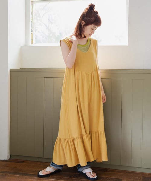 Crisp（クリスプ）の「ヘムギャザーロングワンピース（ワンピース・レディース・グリーン/イエロー・FREE）」の4枚目の写真