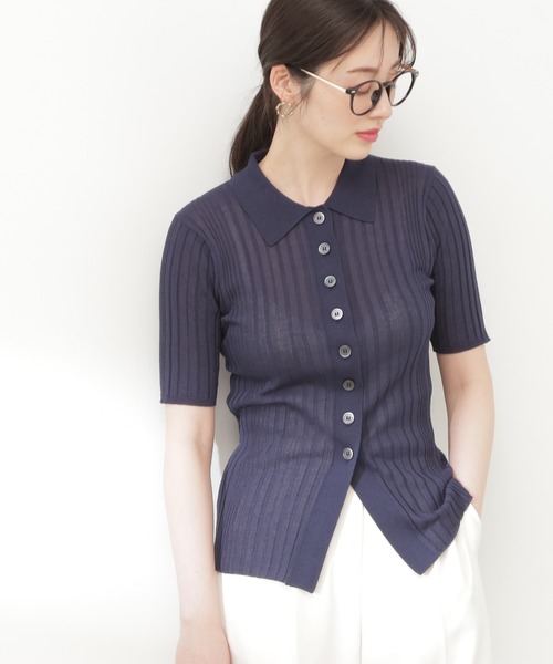 N.(N. Natural Beauty Basic)(エヌエヌナチュラルビューティーベーシック)の「◆シアーポロニット(ニット/セーター・レディース・ブラック×ホワイト/グリーン/ネイビー・MEDIUM)」の3枚目の写真