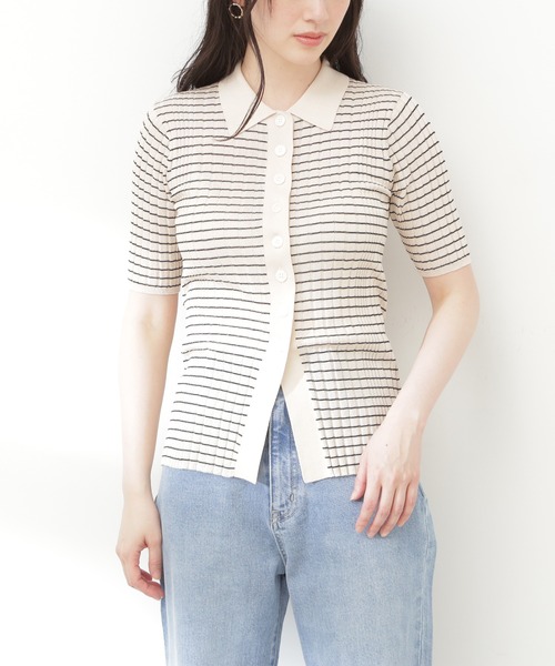 N.(N. Natural Beauty Basic)(エヌエヌナチュラルビューティーベーシック)の「◆シアーポロニット(ニット/セーター・レディース・ブラック×ホワイト/グリーン/ネイビー・MEDIUM)」の5枚目の写真