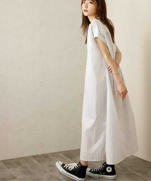 Per sist ence(パーシエンス)の「Per sist ence/パーシエンス フレンチスリーブストライプシャツワンピース(シャツワンピース・レディース・ホワイト/ライトグレー/サックスブルー・FREE)」の1枚目の写真