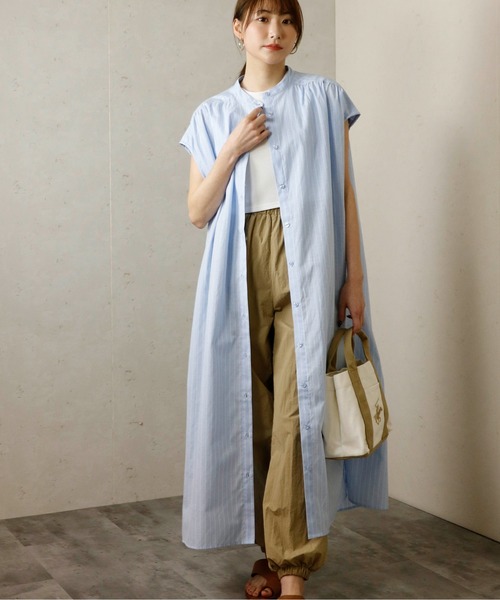 Per sist ence(パーシエンス)の「Per sist ence/パーシエンス フレンチスリーブストライプシャツワンピース(シャツワンピース・レディース・ホワイト/ライトグレー/サックスブルー・FREE)」の3枚目の写真