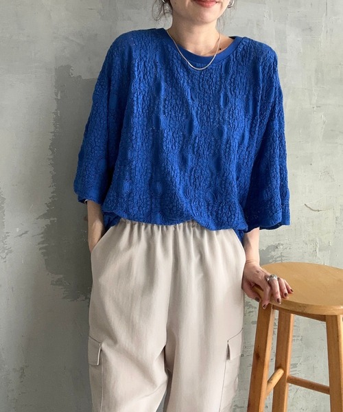 LEPSIM（レプシィム）の「総レース5分袖プルオーバー　908504（Tシャツ/カットソー・レディース・ブラック/オフホワイト/ブルー・FREE）」の7枚目の写真