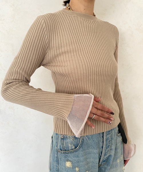 DOUDOU ラメ入りベージュニットセーター 長袖 DOUDOU ラメ入りベージュニットセーター 長袖（リネン混