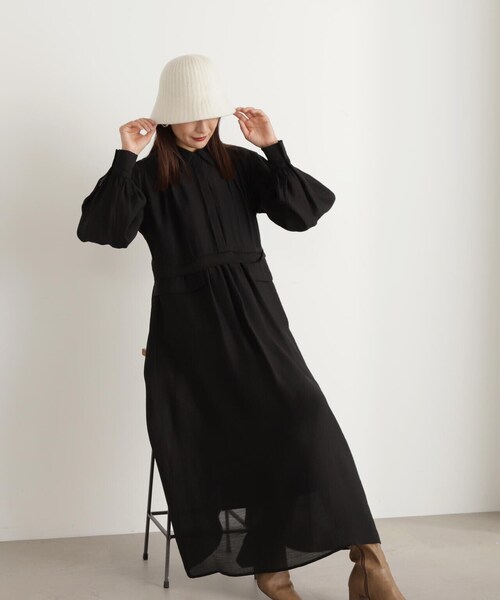 N.(N. Natural Beauty Basic)(エヌエヌナチュラルビューティーベーシック)の「◆ギャザーフラップシャツワンピース(シャツワンピース・レディース・ブラック/オフホワイト・MEDIUM)」の10枚目の写真