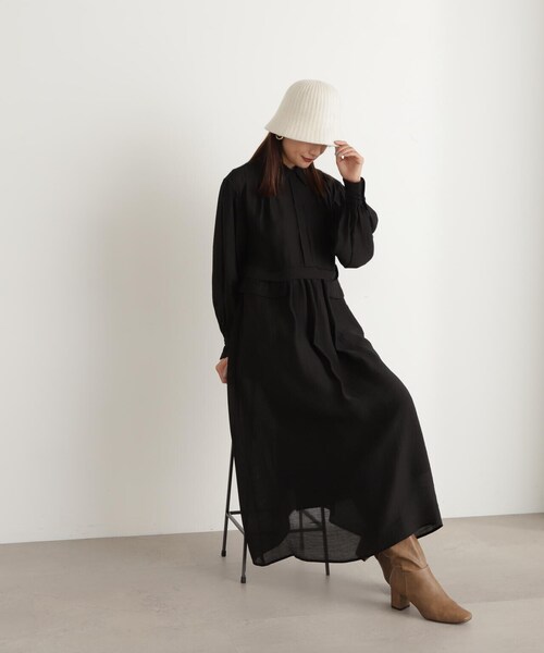 N.(N. Natural Beauty Basic)(エヌエヌナチュラルビューティーベーシック)の「◆ギャザーフラップシャツワンピース(シャツワンピース・レディース・ブラック/オフホワイト・MEDIUM)」の11枚目の写真