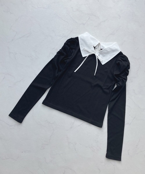 AS KNOW AS plus（アズノゥアズプラス）の「☆衿付きパワショルプルオーバー（Tシャツ/カットソー・レディース・アイボリー/ブラック/その他/サックスブルー・FREE）」の2枚目の写真