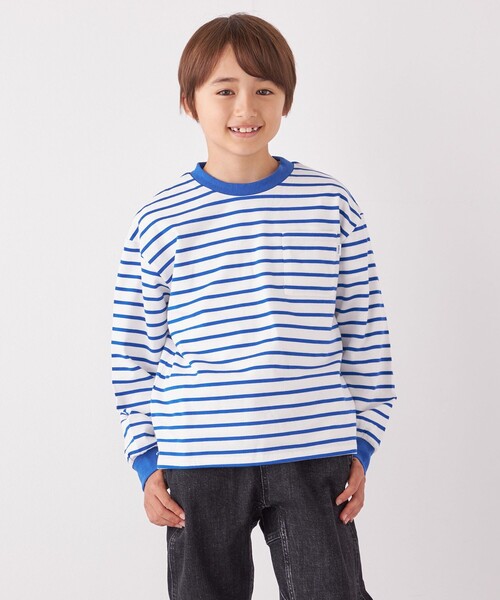 SHIPS any(シップス エニィ)の「SHIPS any: リンガーネック ボーダー 長袖 ポケット Tシャツ<KIDS>(Tシャツ/カットソー・キッズ・カーキ/ネイビー/ブルー/ブラック・M(125-135)/L(140-150)/S(110-120))」の4枚目の写真