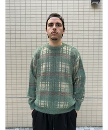 many men many mind /ナイロンシャギーxアクリル ルーズシルエット総柄クルー