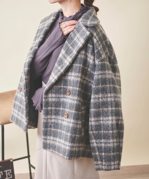 mil(ミル)の「【150㎝前後の小柄さんサイズ】シャギーミドルコート【ジャケット・チェック】(その他アウター・レディース・チェック/アイボリー/スモークピンク・フリー)」の6枚目の写真