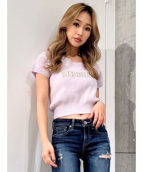 GYDA(ジェイダ)の「HEDONISMハーフスリーブニットトップス(Tシャツ/カットソー・レディース・ブラック/オフホワイト/ミント/ラベンダー・FREE)」の4枚目の写真