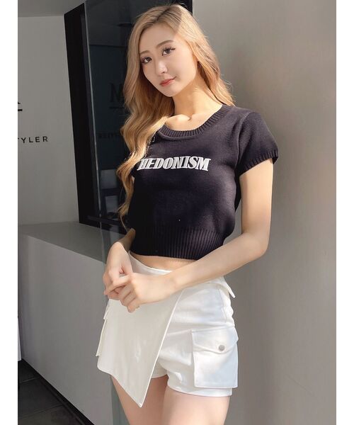 GYDA(ジェイダ)の「HEDONISMハーフスリーブニットトップス(Tシャツ/カットソー・レディース・ブラック/オフホワイト/ミント/ラベンダー・FREE)」の2枚目の写真