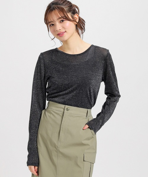 Honeys（ハニーズ）の「シアーラメ透けトップス（Tシャツ/カットソー・レディース・ブラック/ベージュ/ホワイト/ライトグレー・S/M/L）」の9枚目の写真