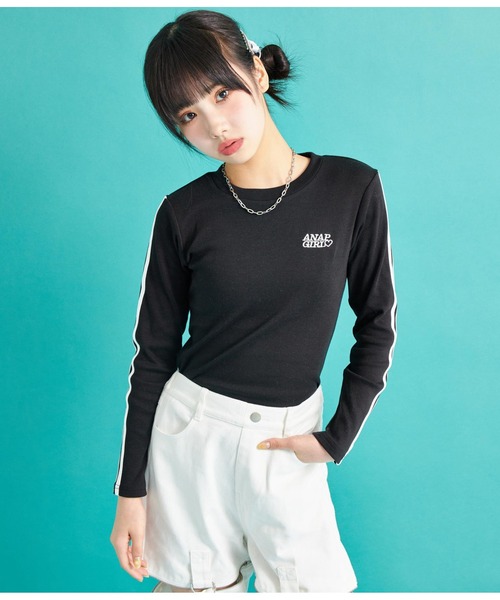 ANAP GｉRL（アナップガール）の「袖ライン入りリブトップス（Tシャツ/カットソー・キッズ・ブラック×ホワイト/ブラック/ホワイト・S/M/XS）」の8枚目の写真