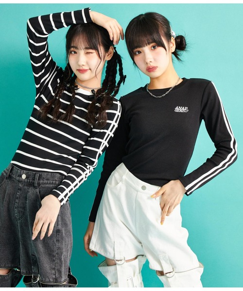 ANAP GｉRL（アナップガール）の「袖ライン入りリブトップス（Tシャツ/カットソー・キッズ・ブラック×ホワイト/ブラック/ホワイト・S/M/XS）」の5枚目の写真